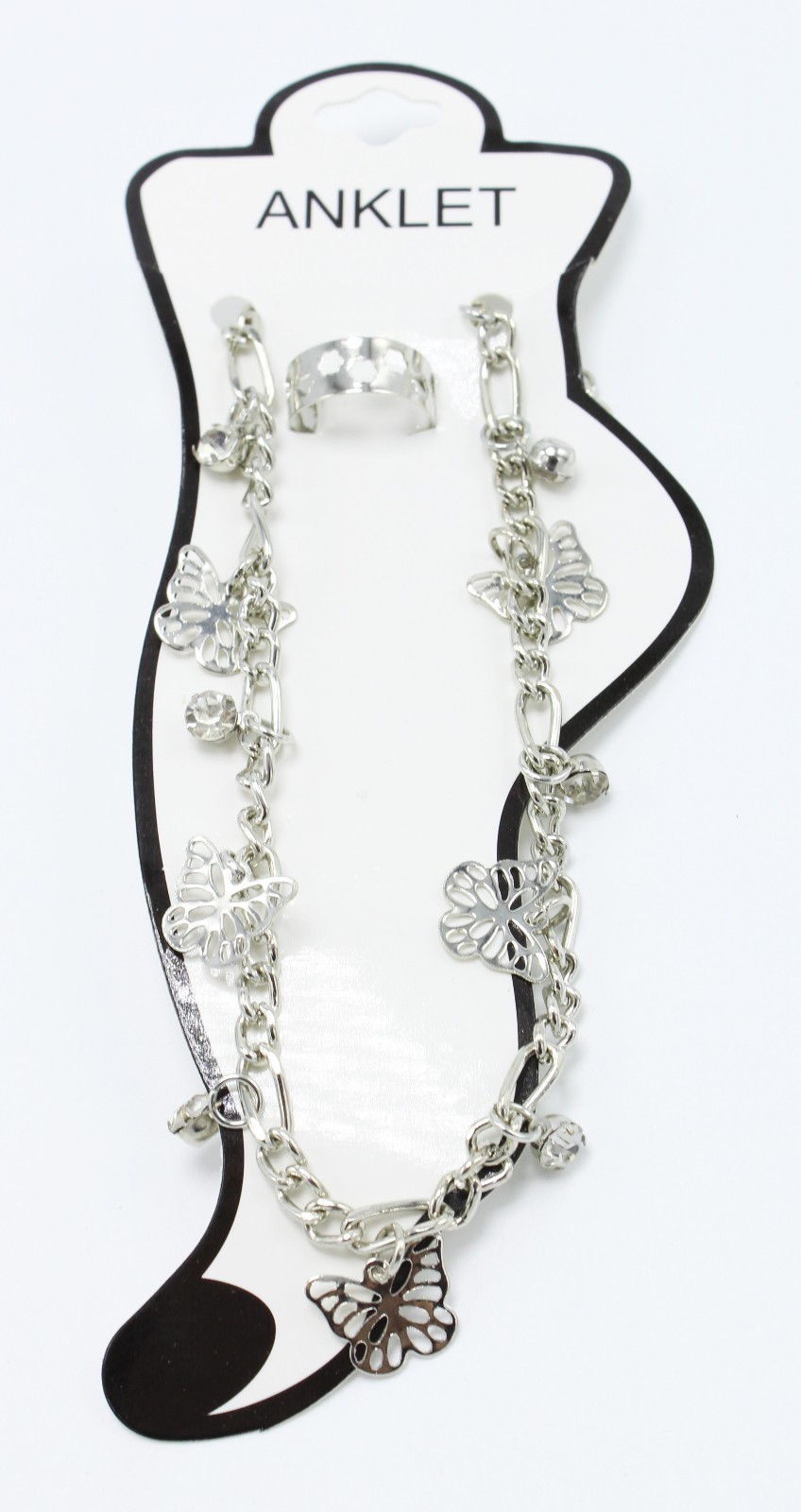 New Silver Tone Anklet with Butterfly & Rhinestone Drops & Bonus Toe Ring #A104