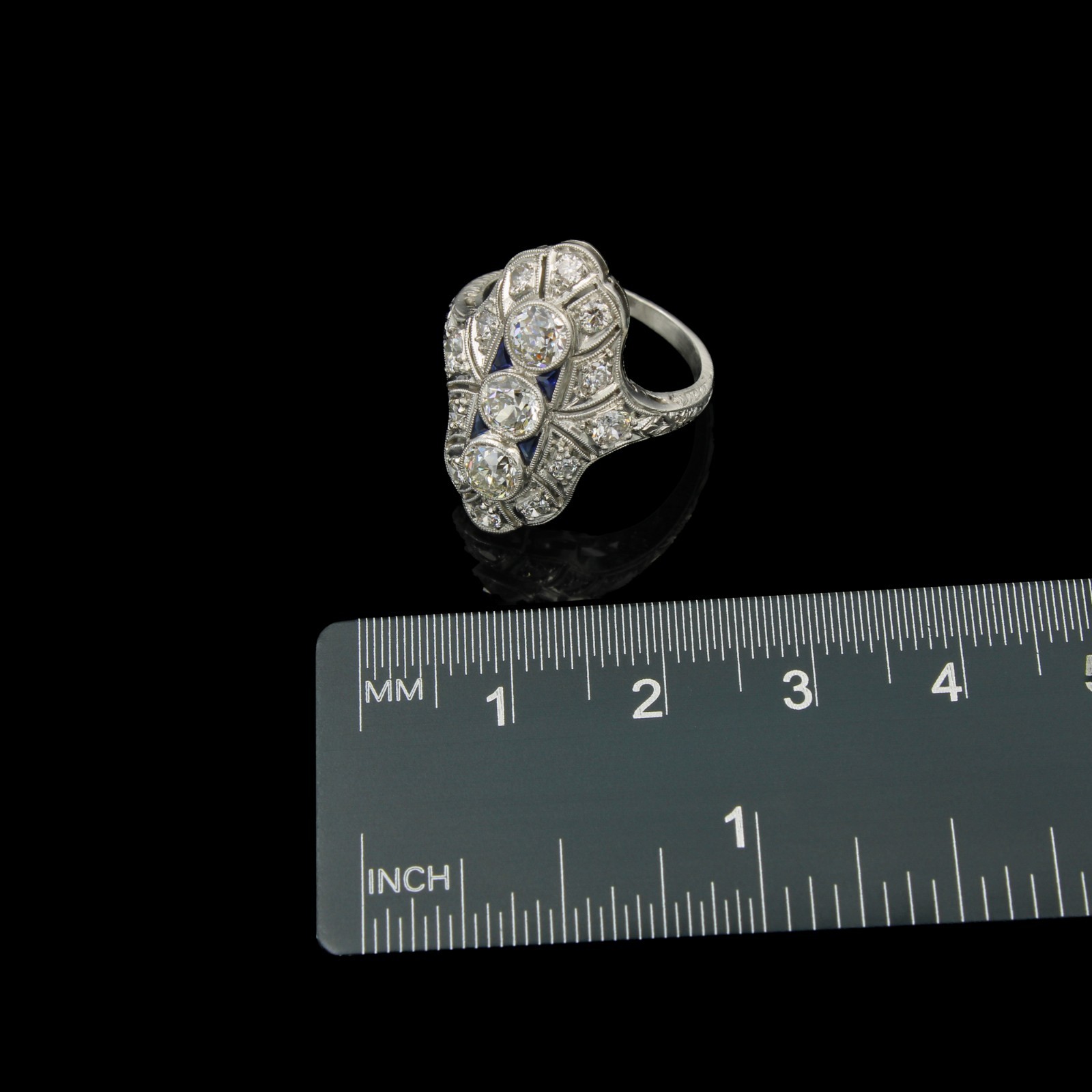 Art Deco Platinum Die Struck 1.20ctw Diamond 3 Stone Shield Sz 5 Ring #E74974-2