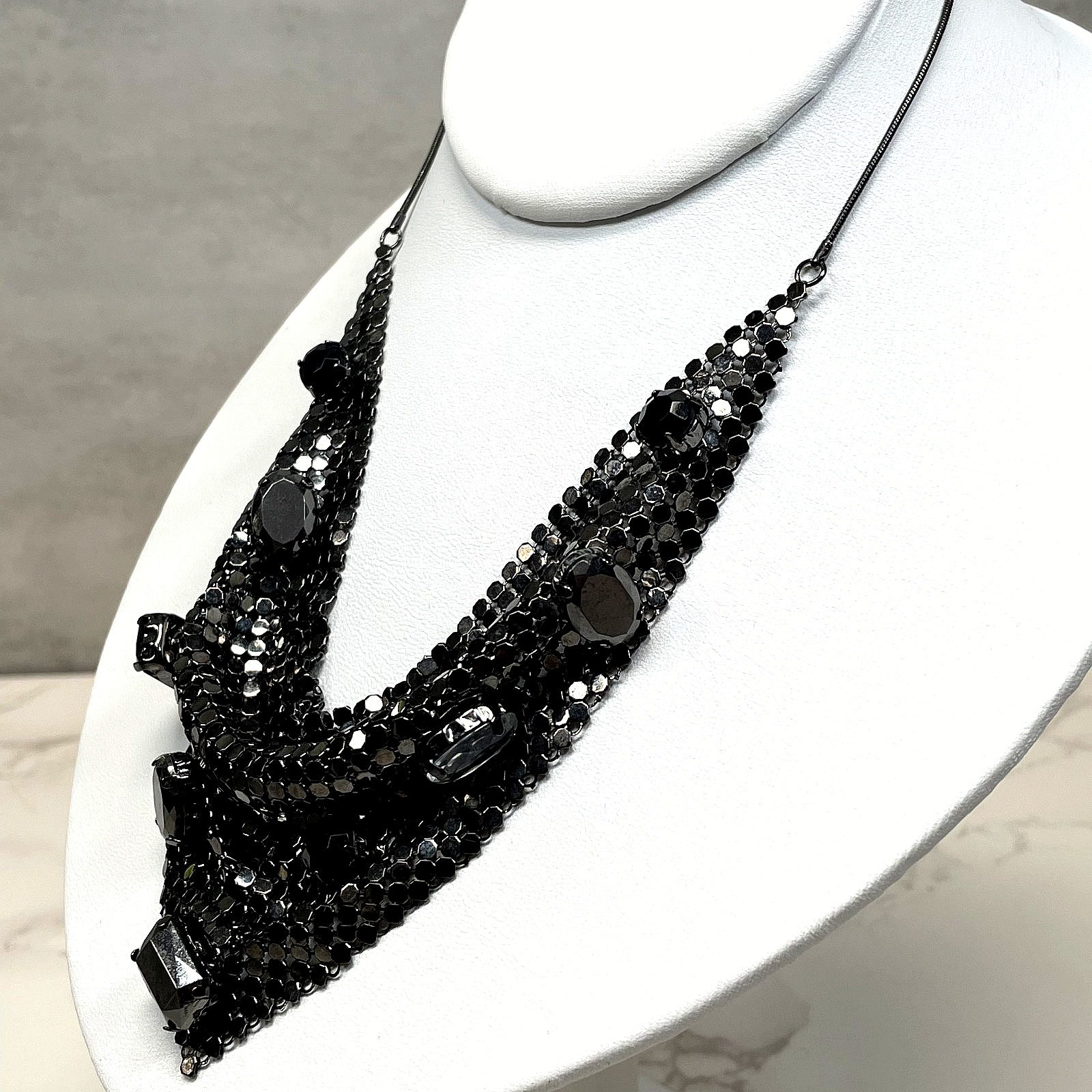 Claire’s Signed Black Liquid Metal Mesh Bib Necklace Gothic Rhinestone Statement