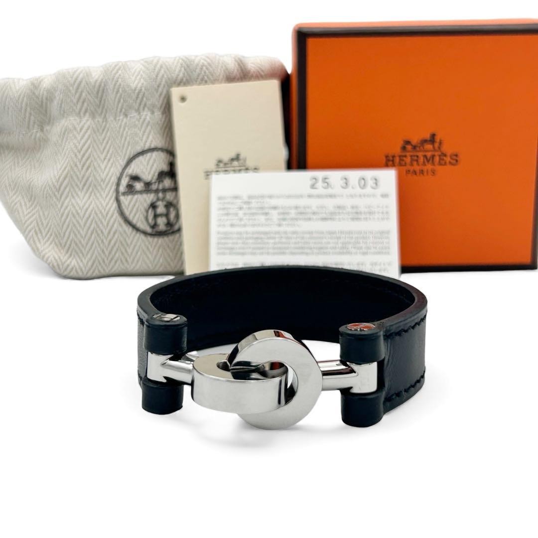 HERMES Lancelot Leather Metal Bangle Black M Size Pre-owned