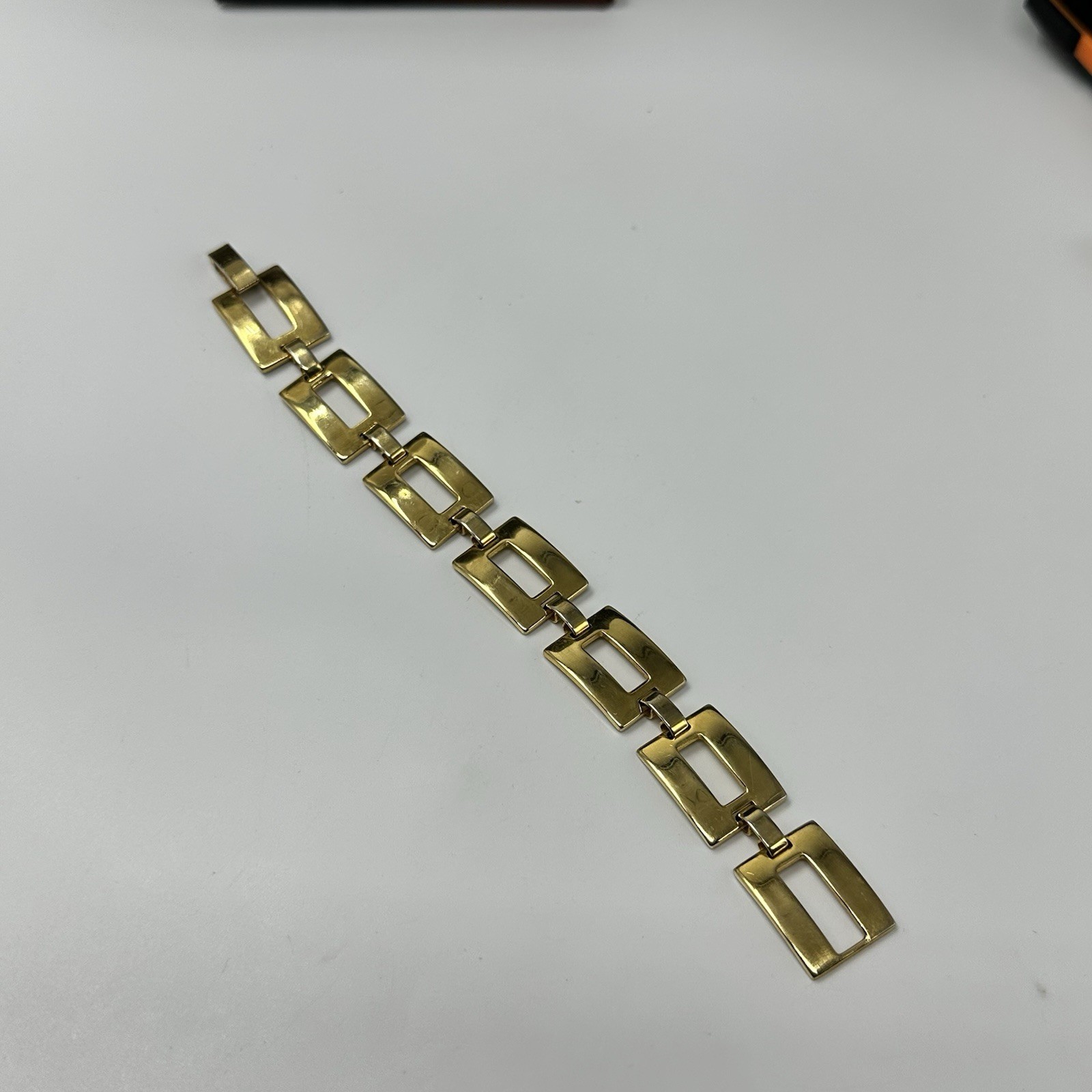 Vintage Bracelet Gold Tone Rectangle Links Fold Over Clasp Statement 7.5 Inch