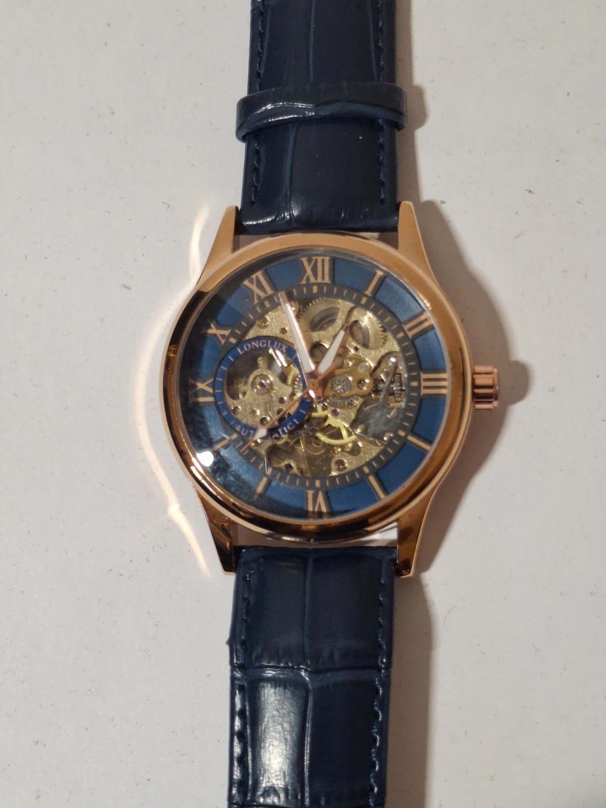 LONGLUX Men’s Automatic Mechanical Watch Dark Blue Skeleton Dial Leather NEW