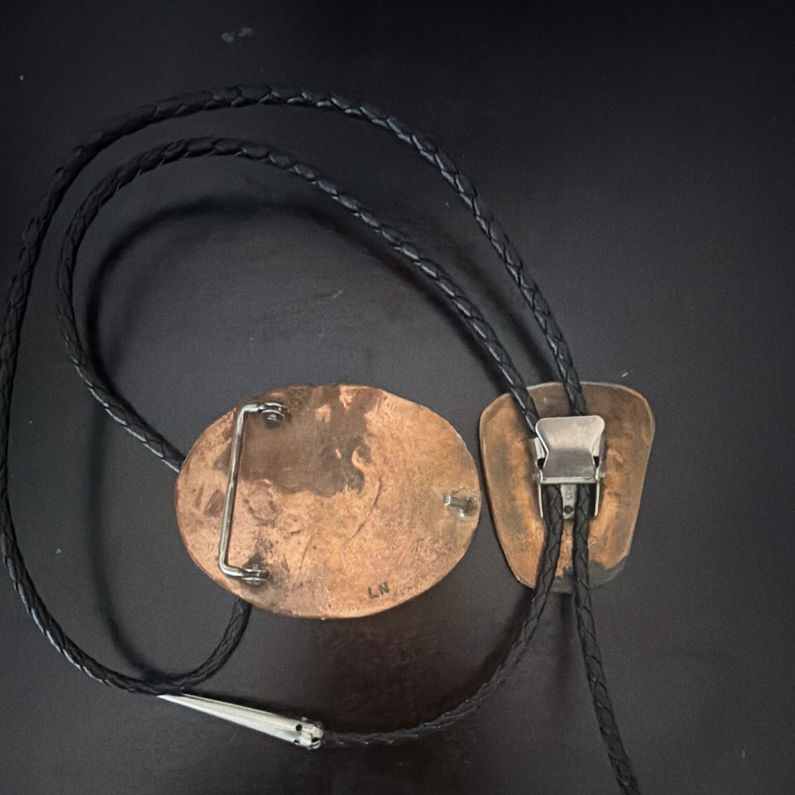 Men’s Western Copper Oval Signed Adjustable Bolo Tie Braided Black Leather
