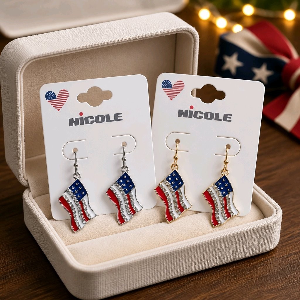 American Flag Dangle Earrings Rhinestone Enamel Patriotic 4th of July New USA