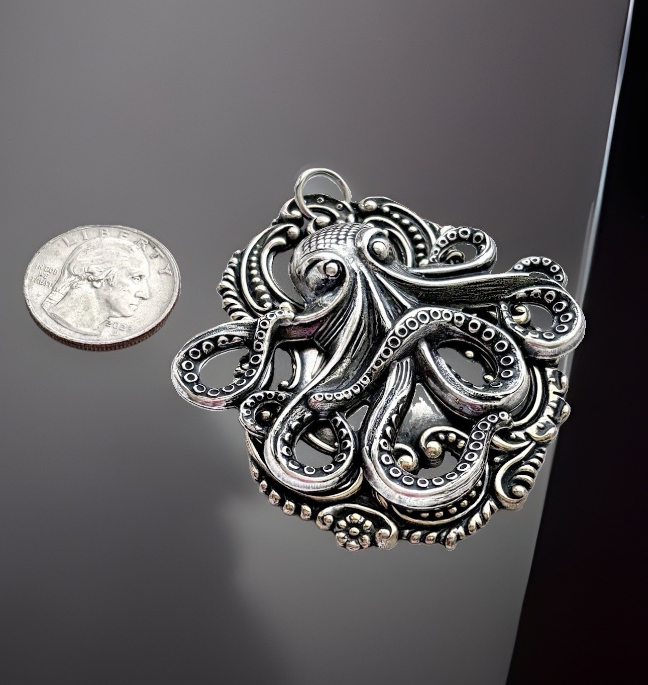 X-Lrg Octopus Kraken Necklace, Sterling Silver plated, Gothic Pirate Pendant