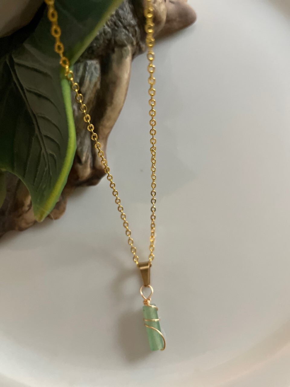 Green Aventurine Stone Pendant Necklace Gold Chain Wire Wrap Simple Natural