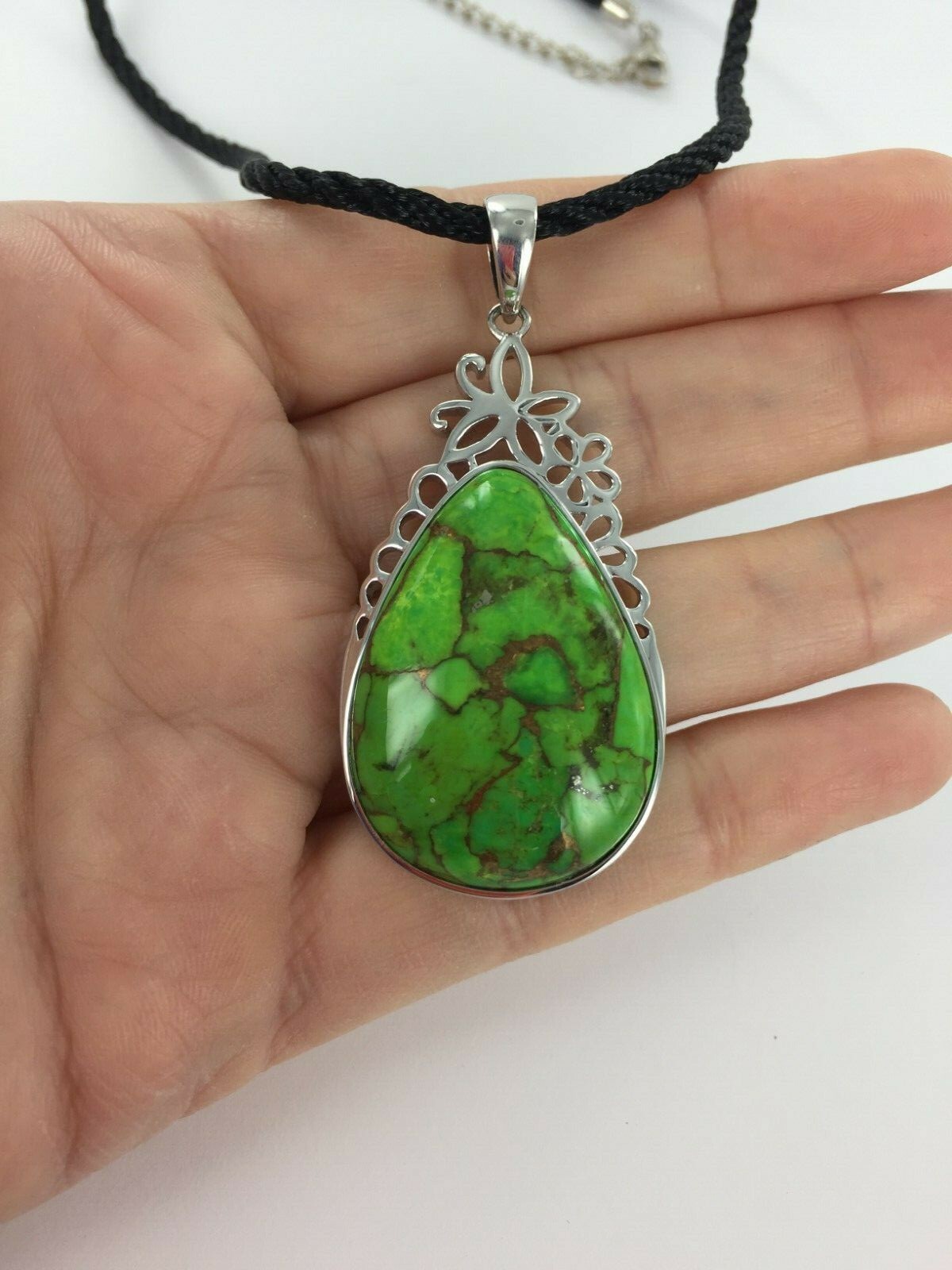 Genuine Green Mohave Kingman Turquoise Silver Pendant with 17 + 2 Inch Extender