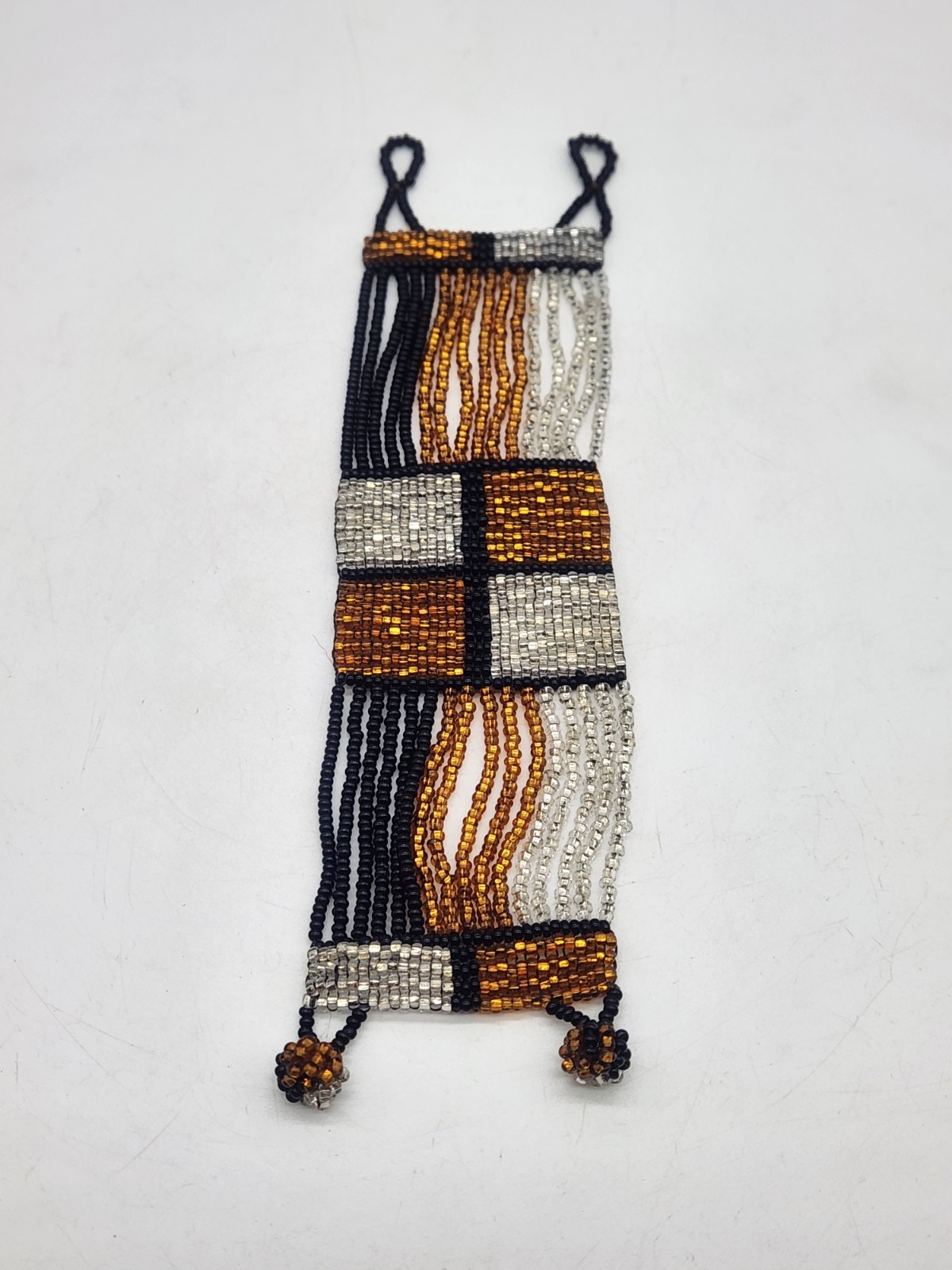 Black, Silver & Gold Woven Seed Bead Bracelet Geometric Pattern 7″