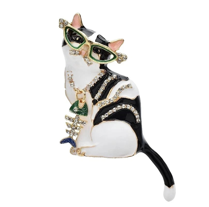 Elegant Cat Rhinestone Brooch Black White Enamel Green Glasses Fish Charm Pin