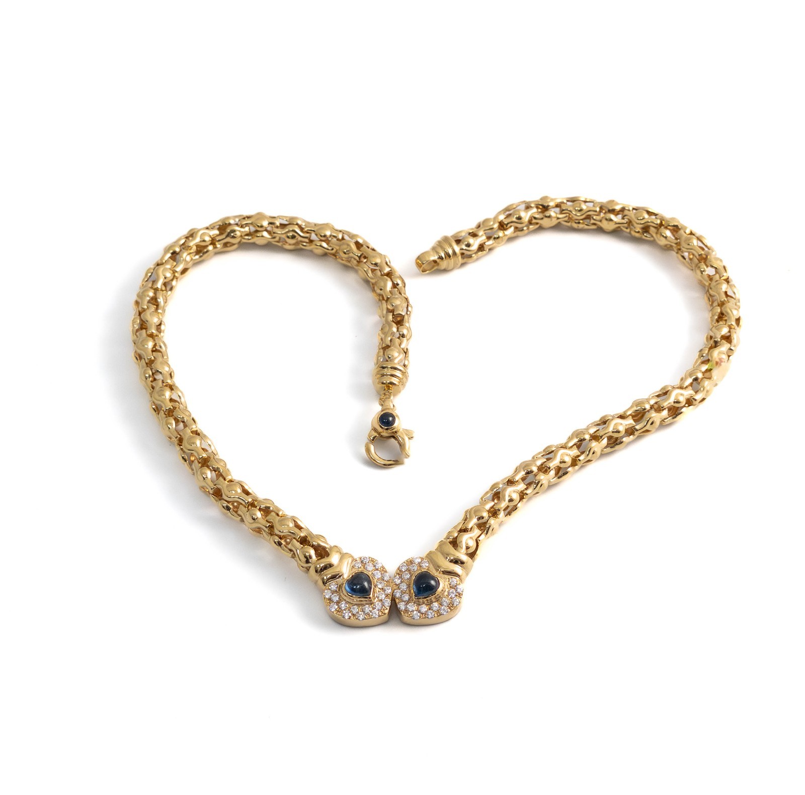Ladies Chain, Heart Chain, Gold Necklace with Zircon and Sapphires, Yellow Gold 585 14K
