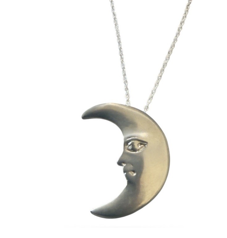 Vintage Crescent Moon w Face Pendant Necklace, Dainty Silver Rolo Chain, 19”
