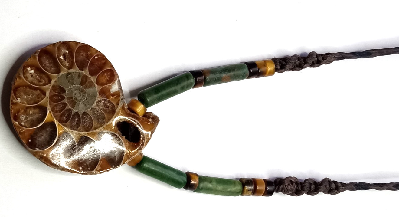 Fossil Ammonite With Nephrite beads Adjustable and Hand Braided Necklace