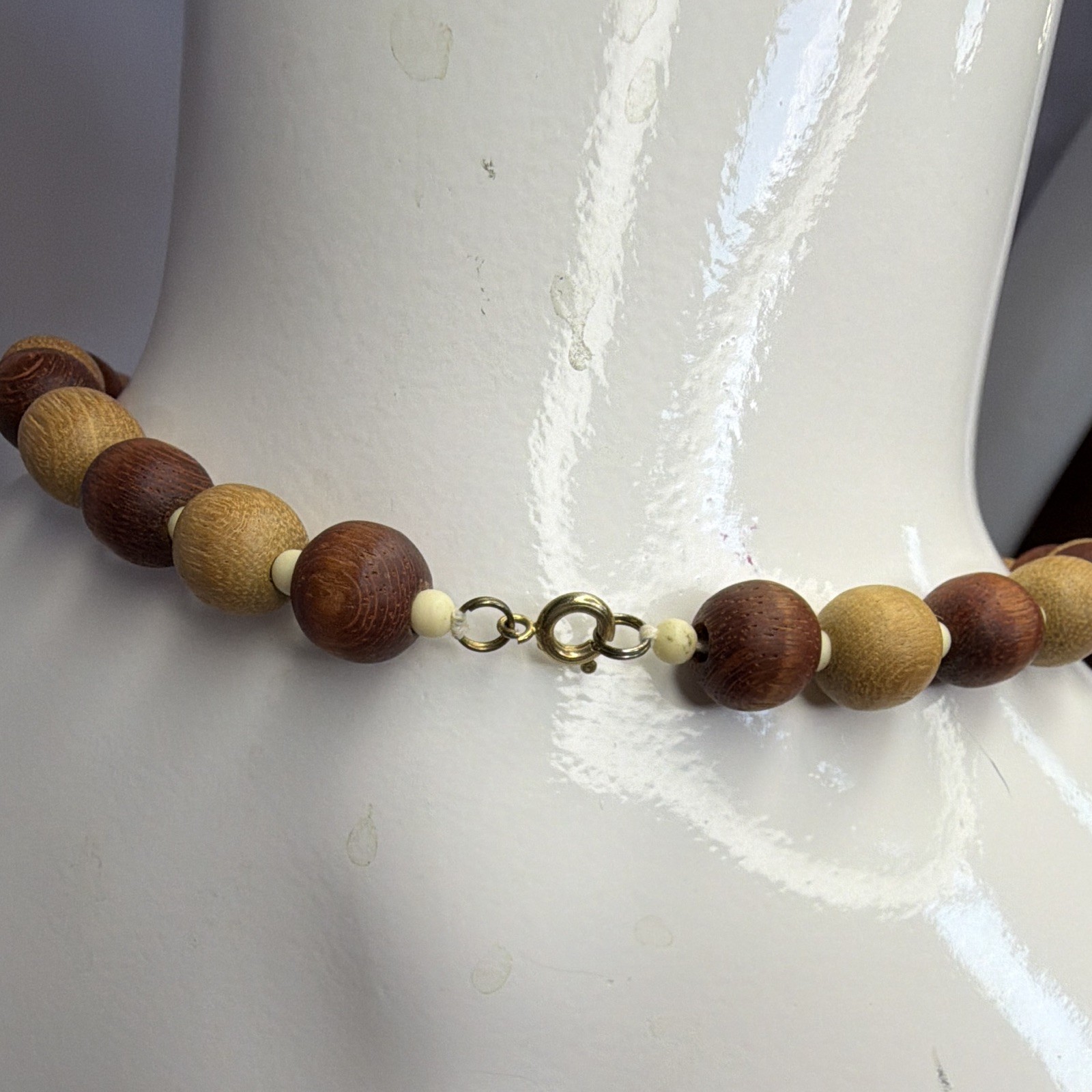 Vintage Natural Wood Bead Necklace Earth Tone Wooden Beads Boho Artisan Statemen