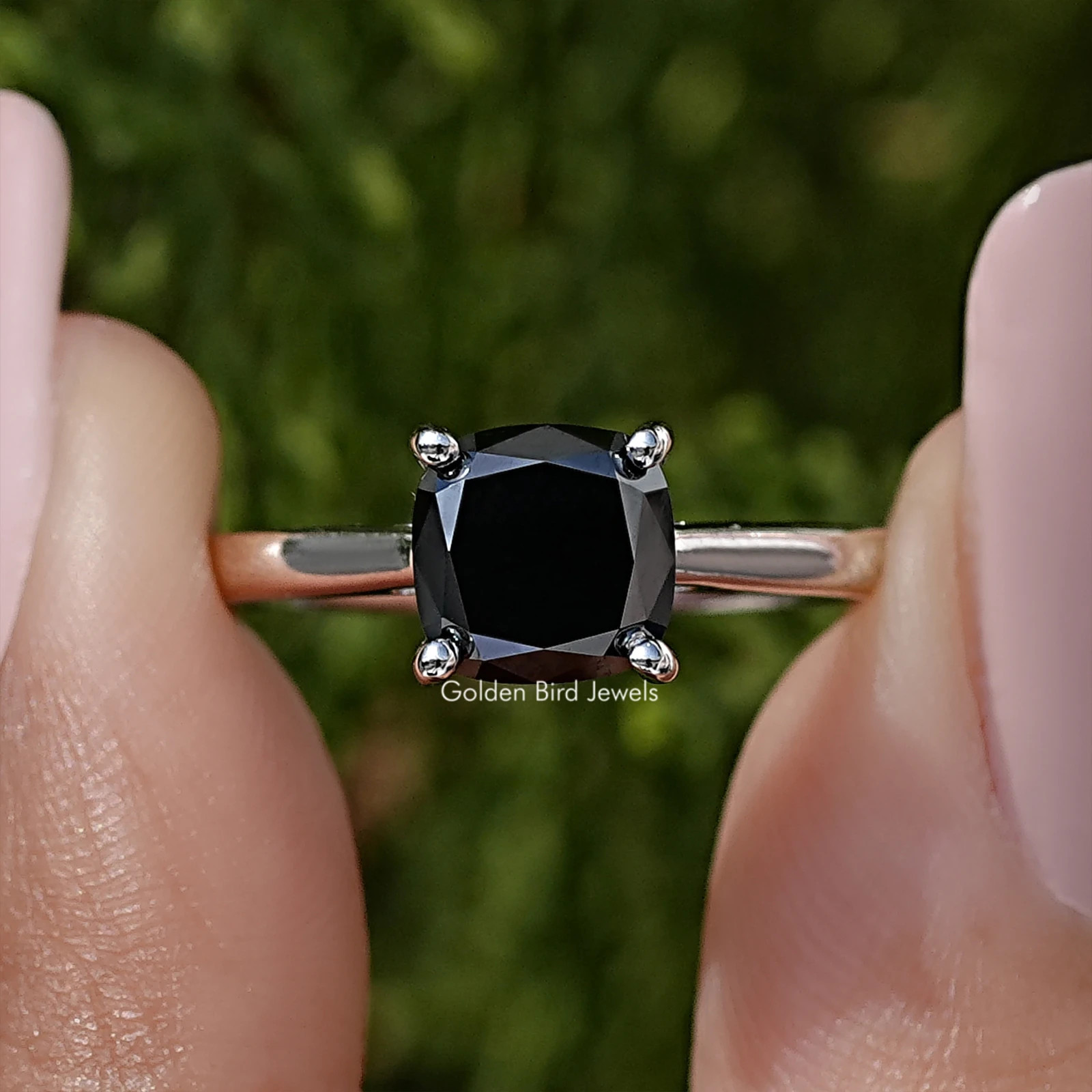 Black Cushion Moissanite Solitaire Engagement Ring