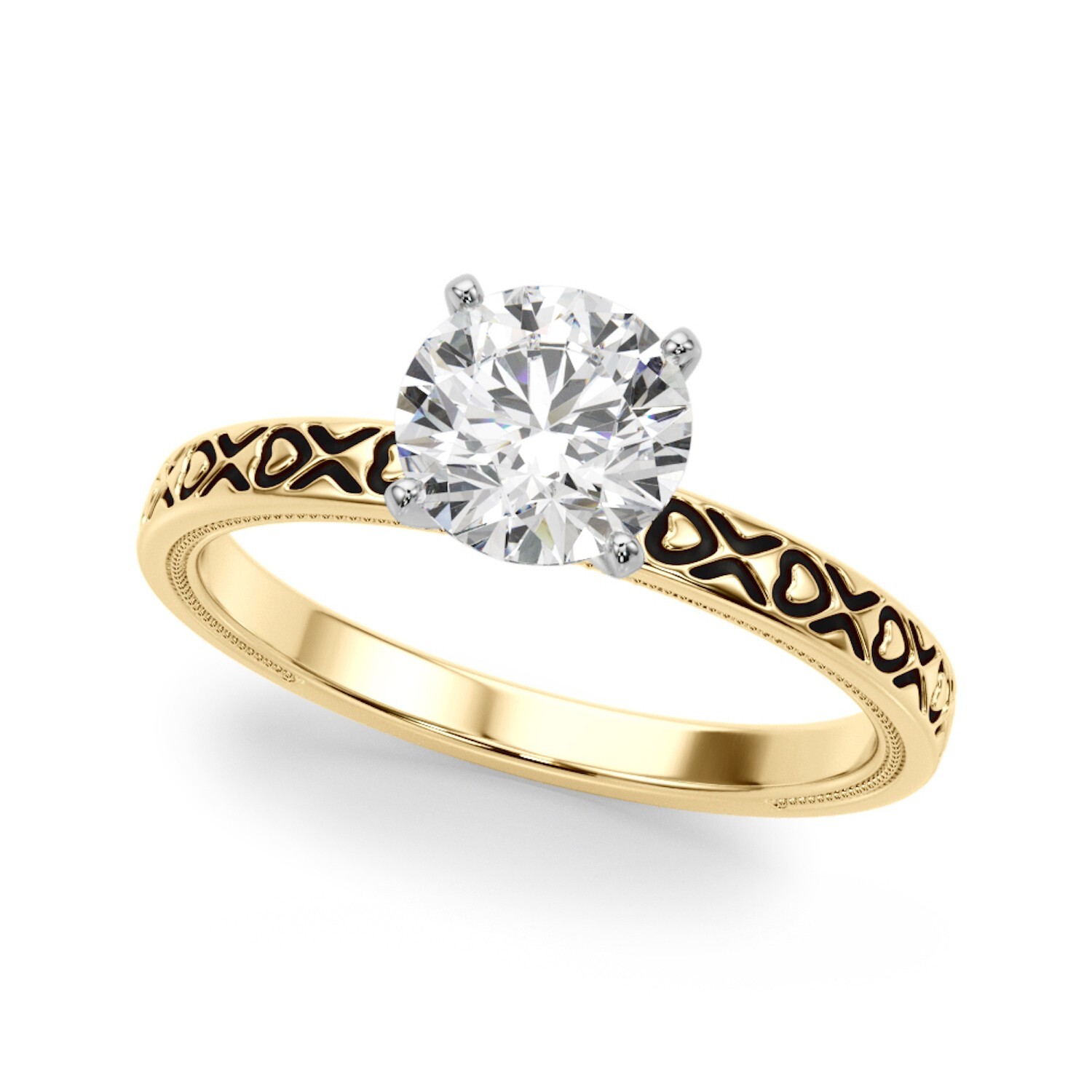 1oK Yellow Gold Heart X Pattern Engagement Ring in White Round Cut Moissanites