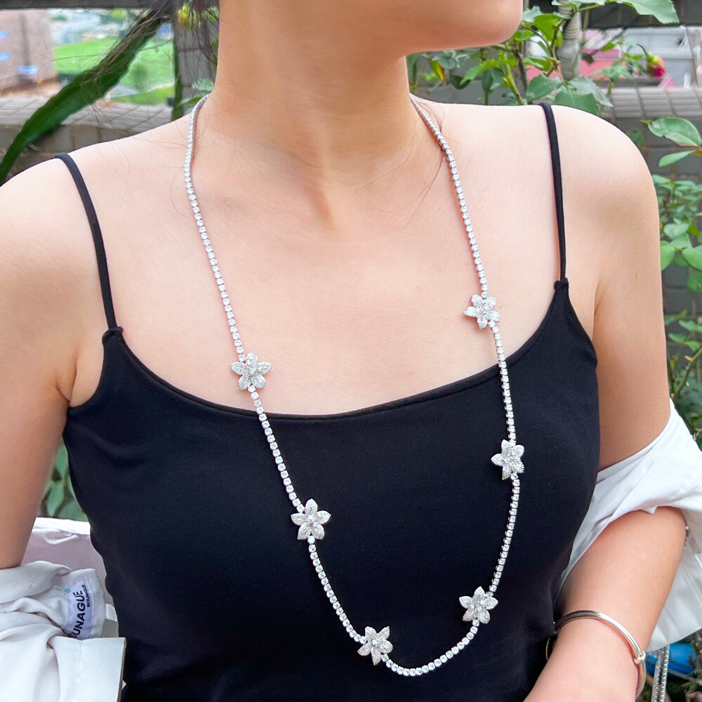 82cm Silver Plated Cubic Zircon White Flower Long Necklace Women Wedding Jewelry