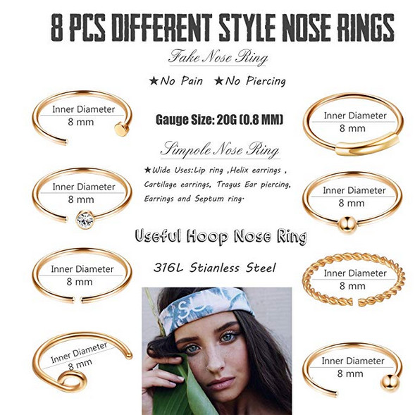2PCS Nose Rings Hoop Stainless Steel Lip Eyebrow Tragus Cartilage Piercing 20G