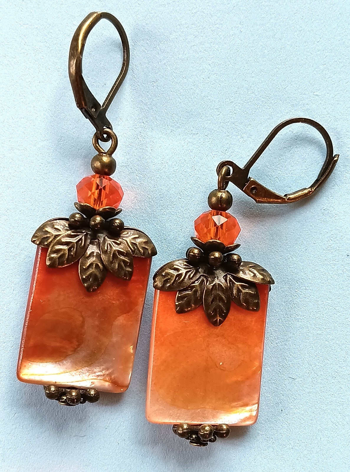 ORANGE SHELL PEARL & Crystal earring COPPER LEVERBACK artisan #LA25