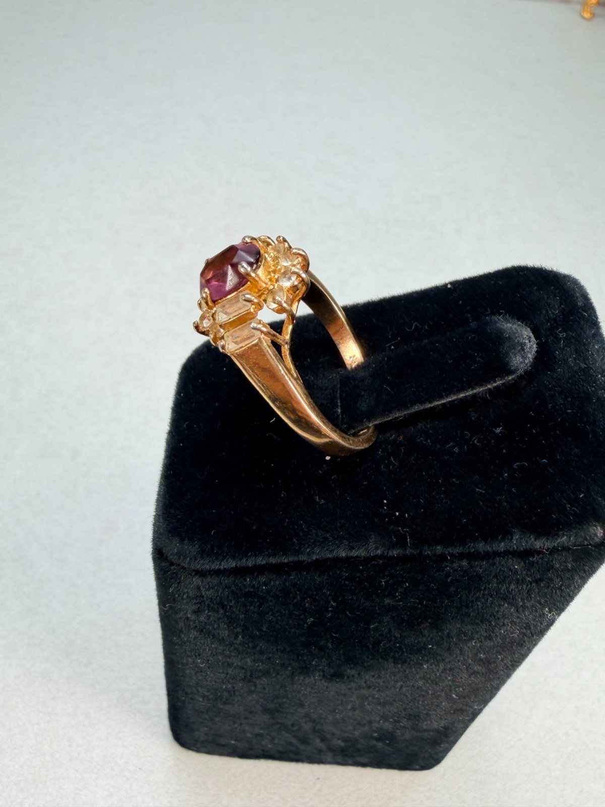 Vintage 14K GE Taiwan Ruby Red CZ Cocktail Ring Baguette Halo Estate Jewelry