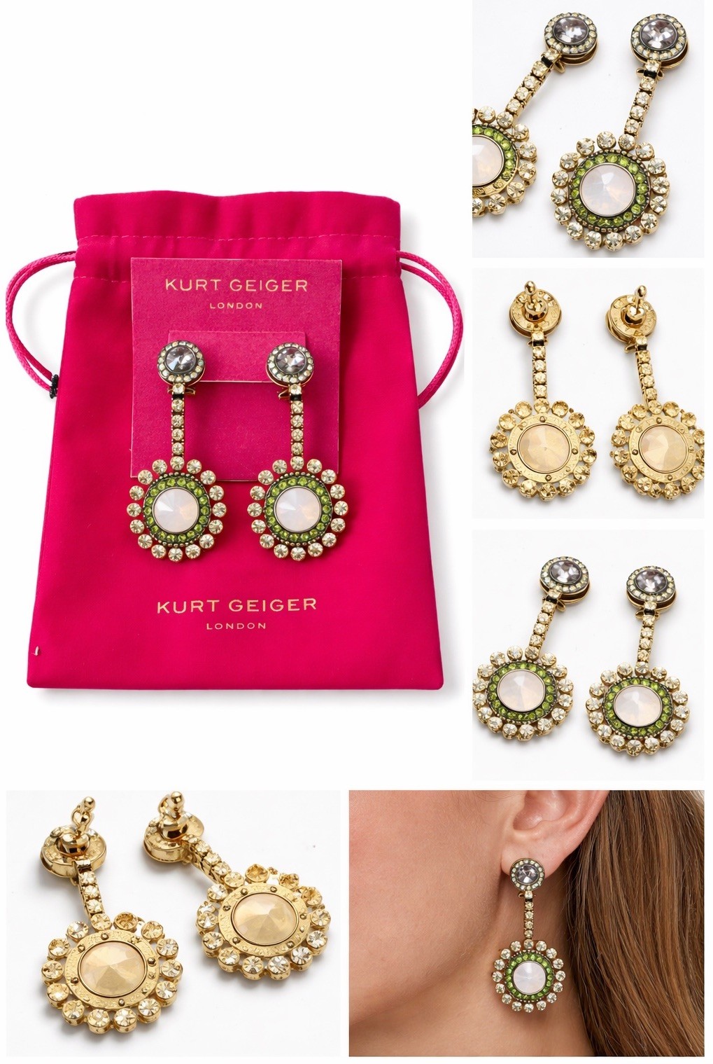 Kurt Geiger London Crystal Drop Earrings Gold Tone/Multi Color Brand New