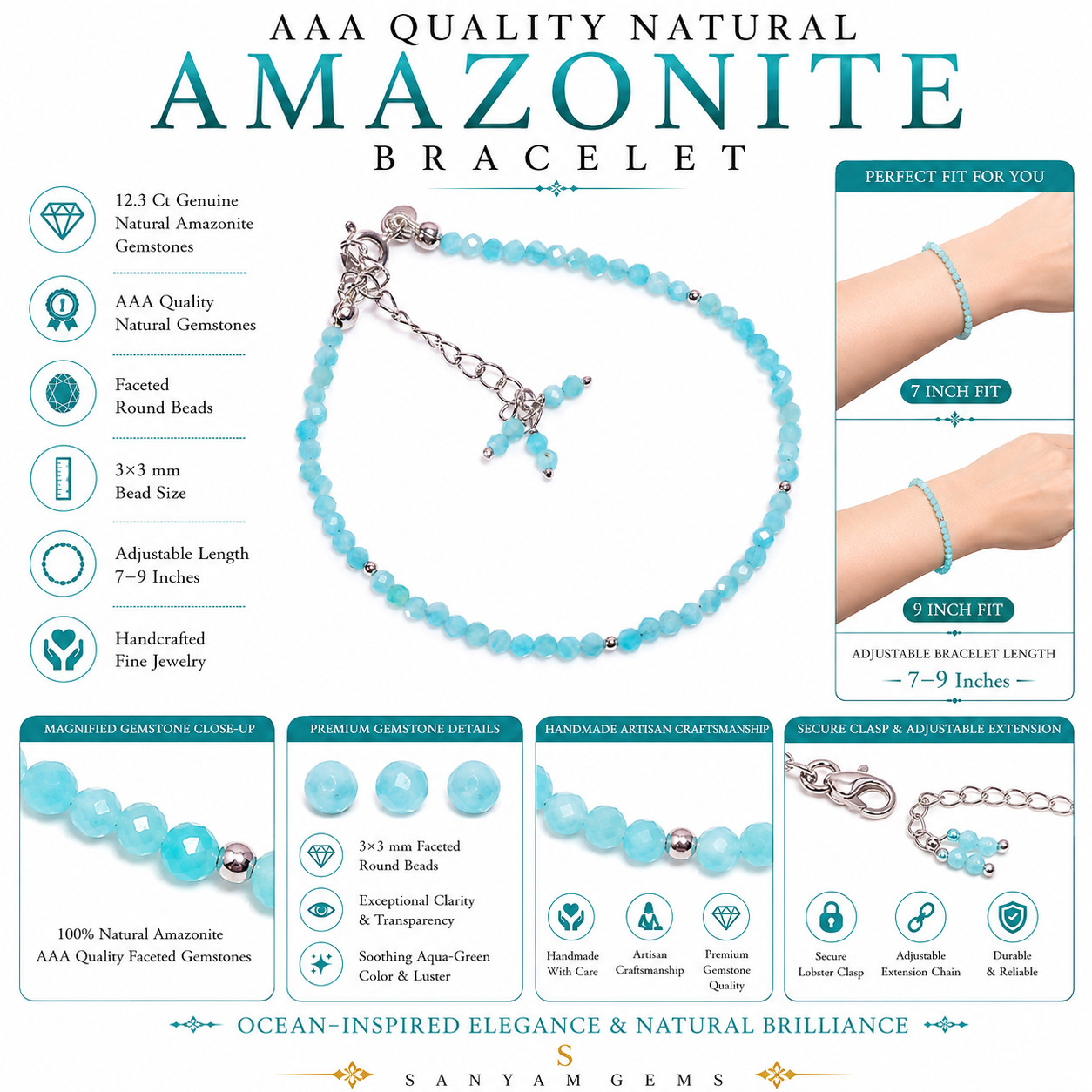 AAA Natural Amazonite 925 Sterling Silver Faceted Beads Bracelet 7-9″ P-775
