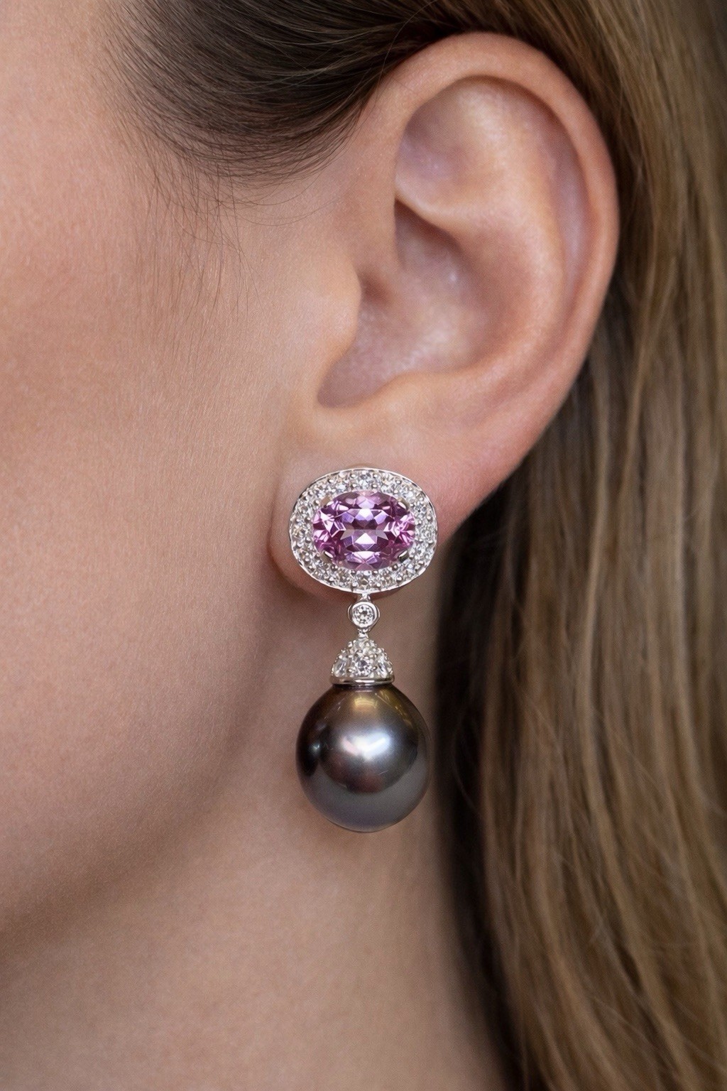 Contemporary 18K White Gold Kunzite Diamond Tahitian Pearl Drop Earrings 6.70ctw