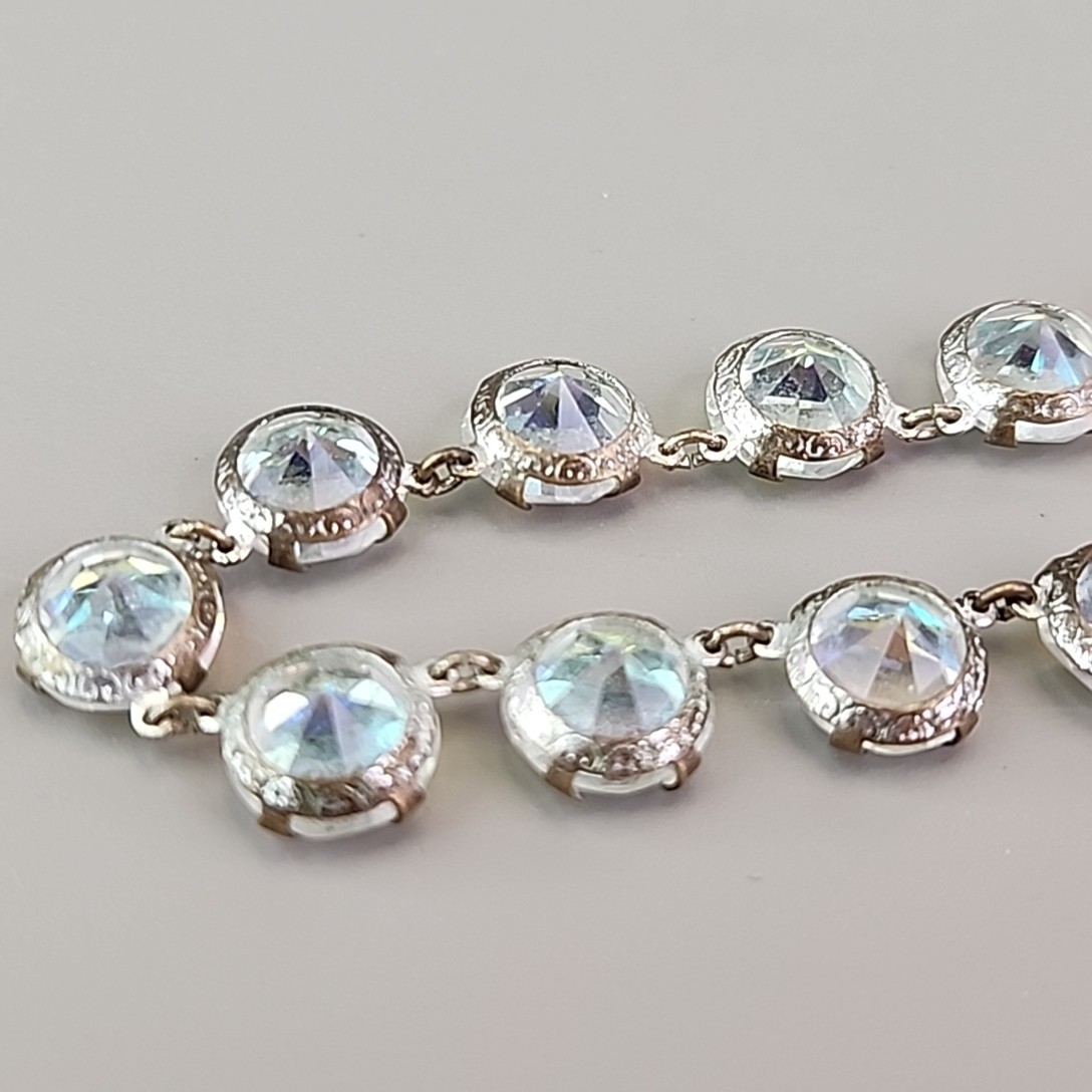 Vintage Open Bezel Necklace Aurora Borealis Round Linked Beads 17″