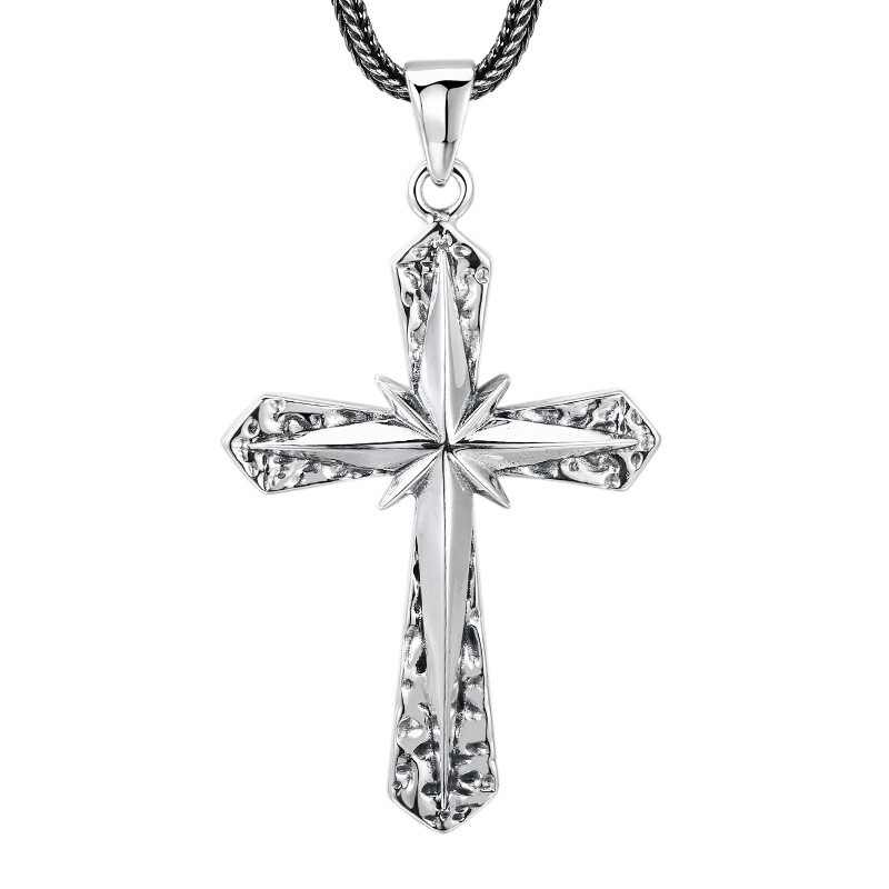 S925 Silver STARBURST CROSS Pendant Textured Hammered Mens Large HEAVY 16g