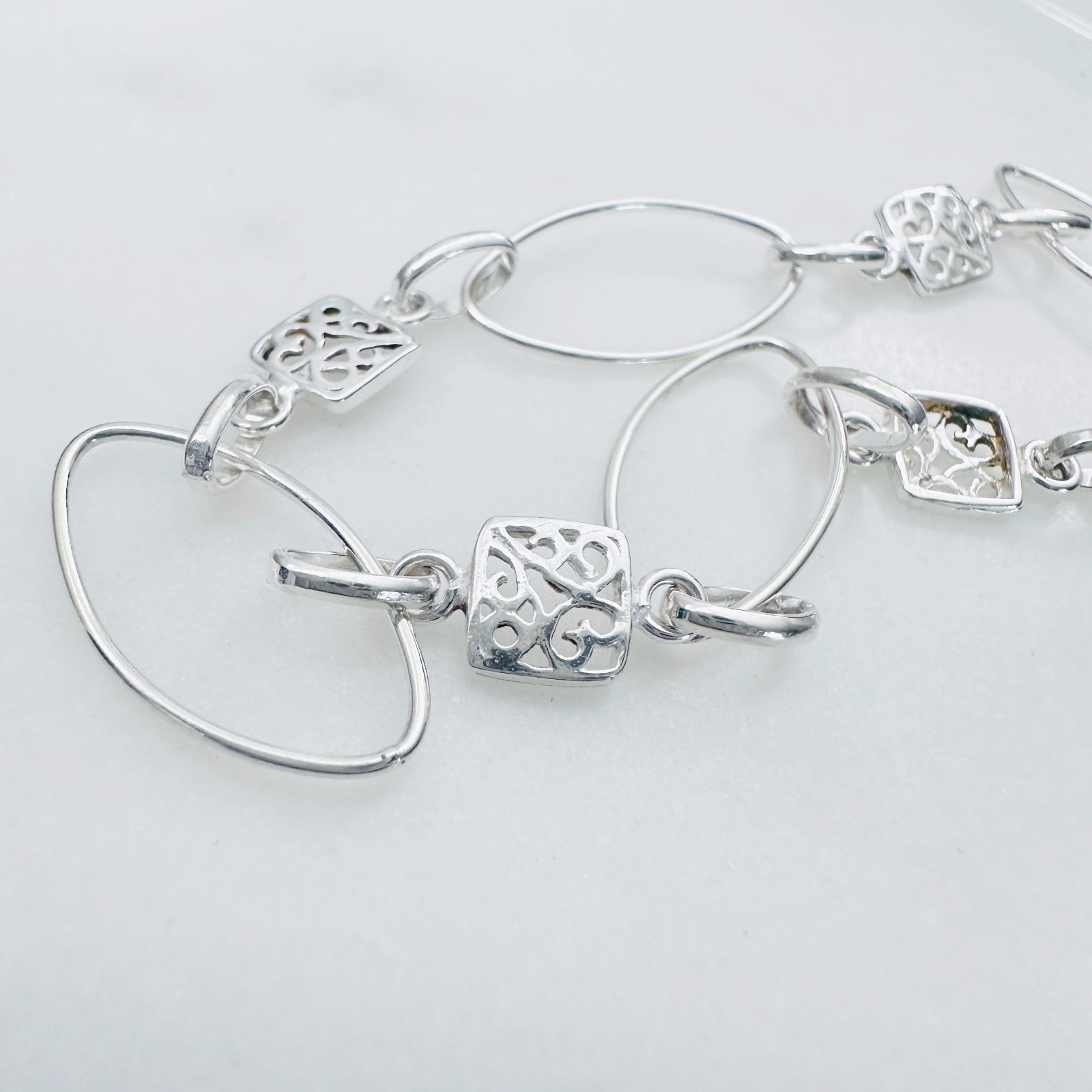 925 Sterling Silver Oval & Square Filigree Links Bracelet 6-10mm, 7 1/4″