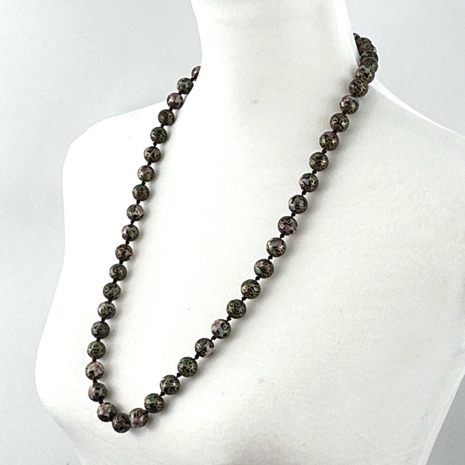 CLOISONNÉ vintage necklace – black & pink enamel floral beads 30″ Chinese export