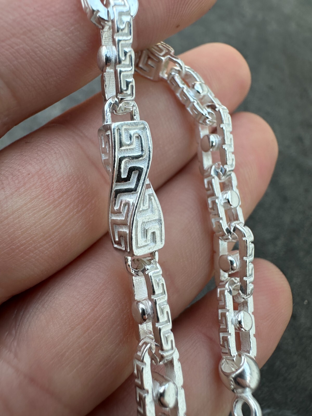 Real 7mm 925 Sterling Silver Custom Greek Key Hermes Rolo Link Chain Bracelet