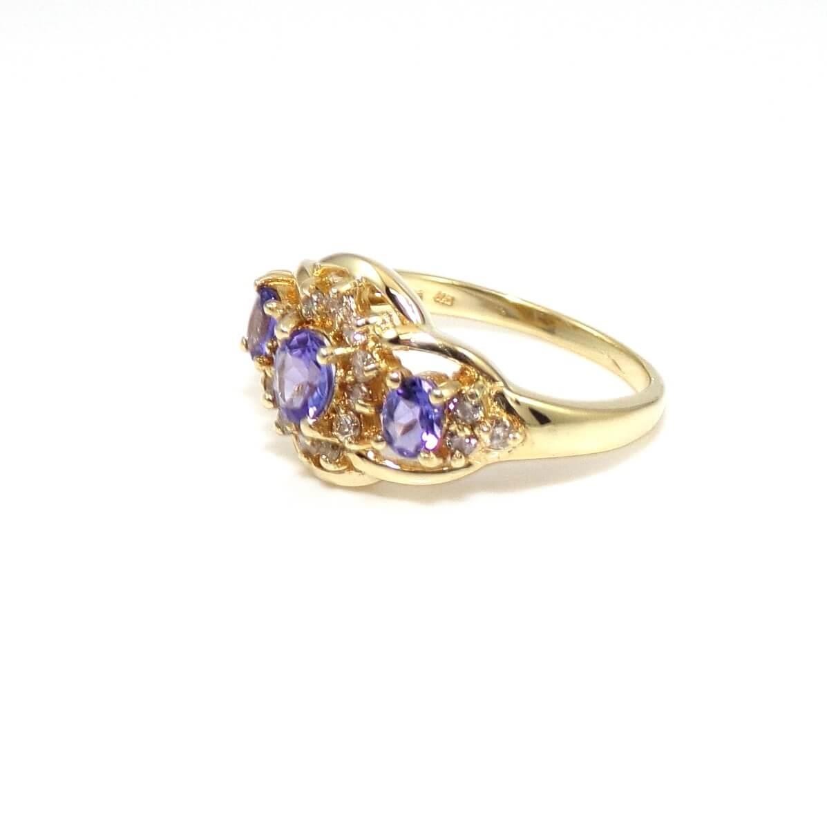 14K Yellow Gold Purple Tanzanite Diamond Three Stone Halo Ring Size 7.25