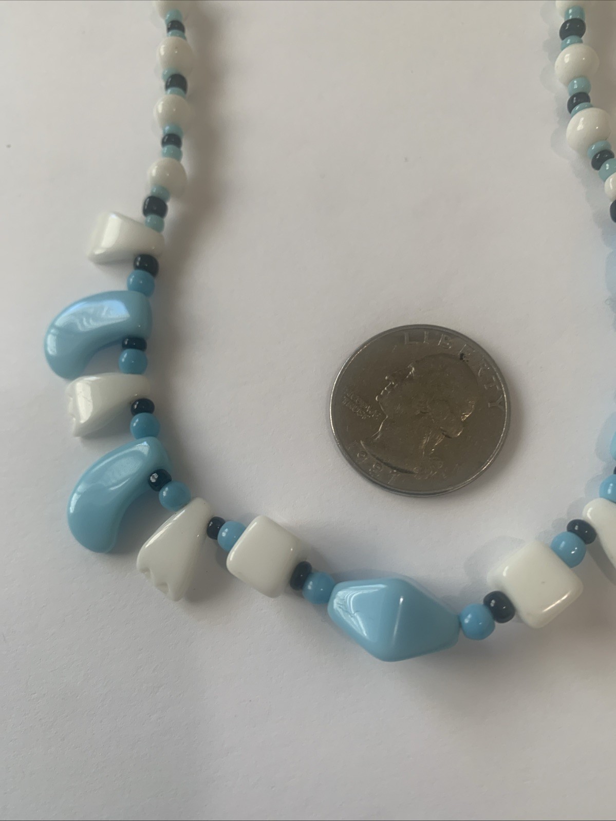 Vintage Style Blue and White Beaded Necklace with Unique Clasp.