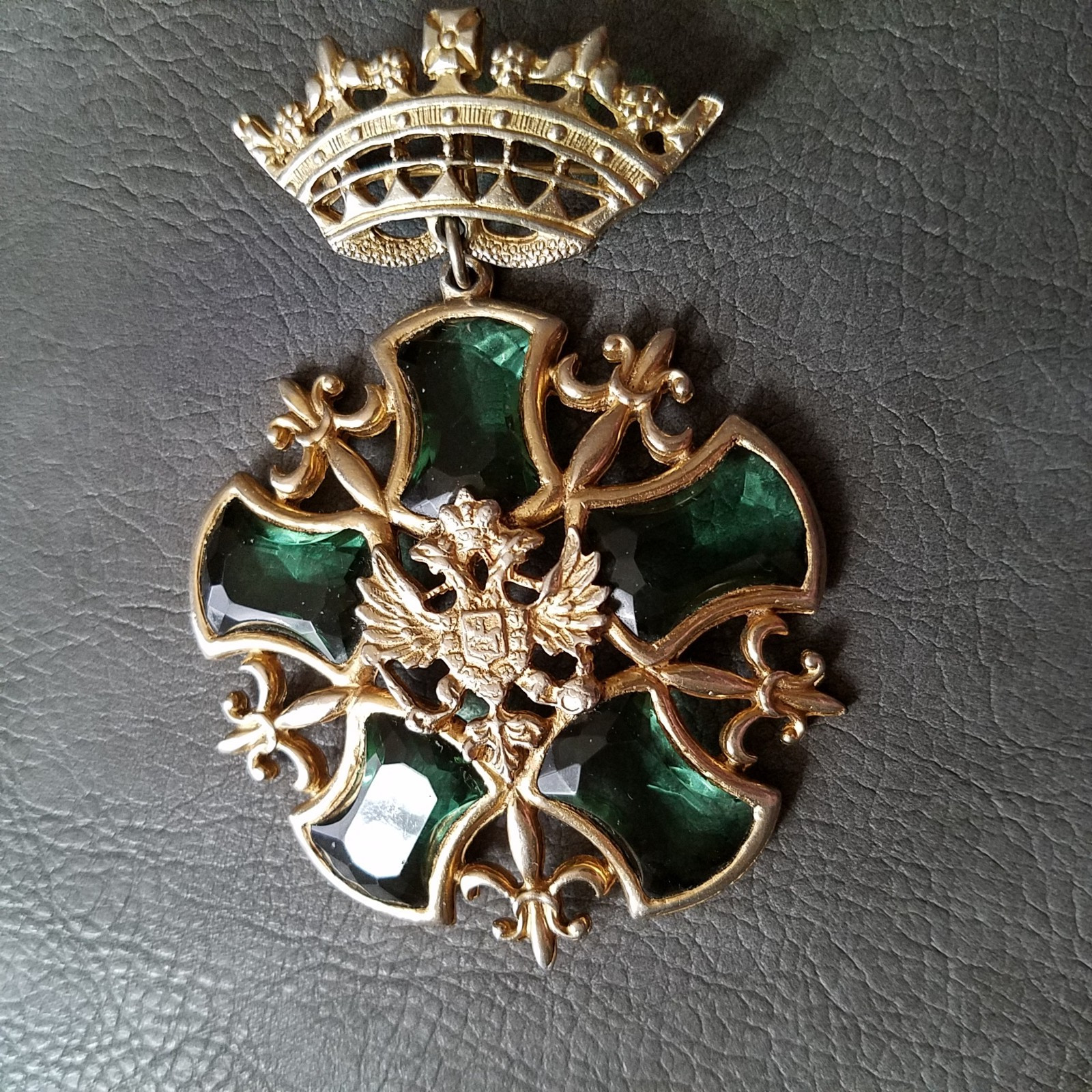 Vintage Crown Doubled-Headed Eagle Shield Green Rhinestone Fleur de Lis Brooch