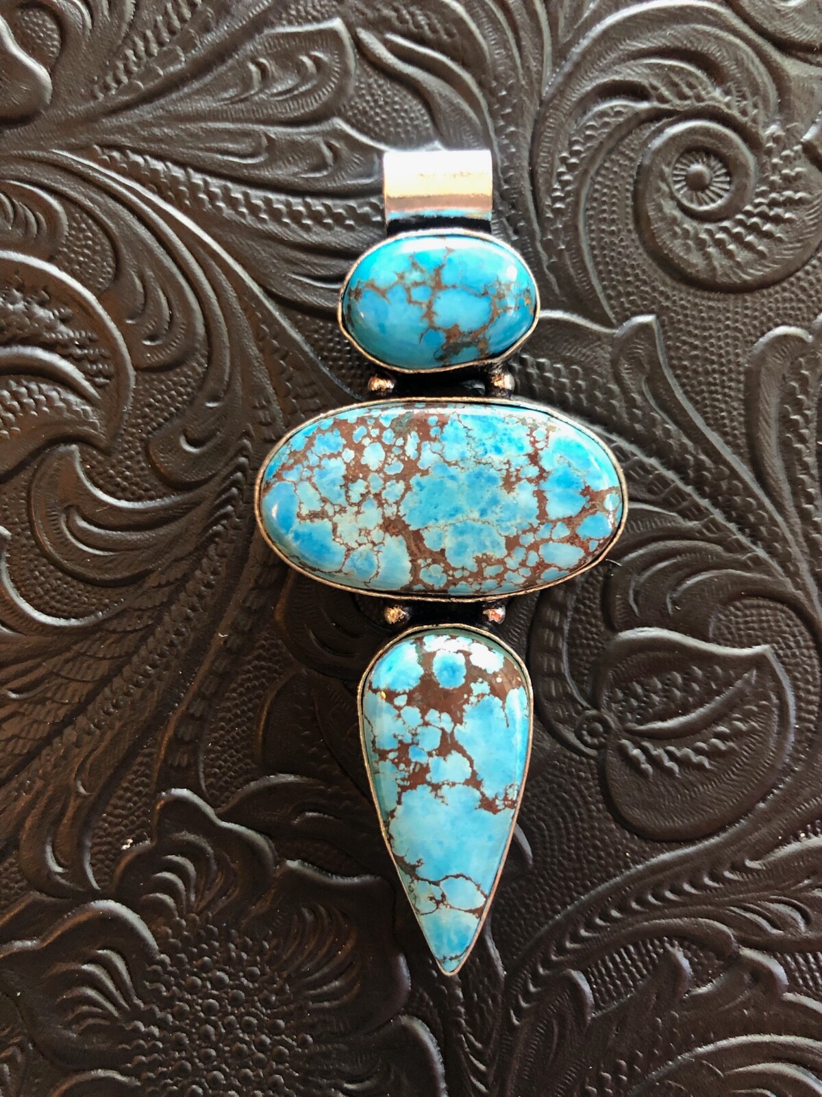 Big Hubei Blue Turquoise Totem Artisan Pendant Brown Web Matrix 2.75”