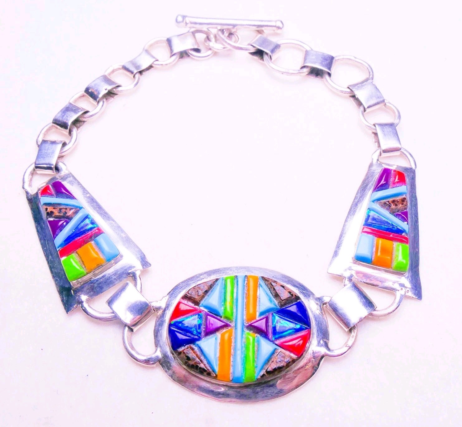 Native Sterling Silver Multi-Gemstone Inlay Cobblestone Toggle Bracelet 17.55g