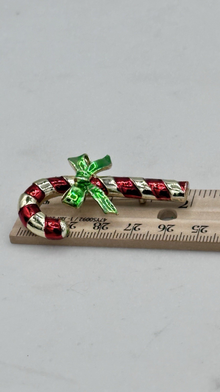 Vintage Gerry’s Candy Cane Brooch Pin Red White Enamel Green Bow Rhinestone