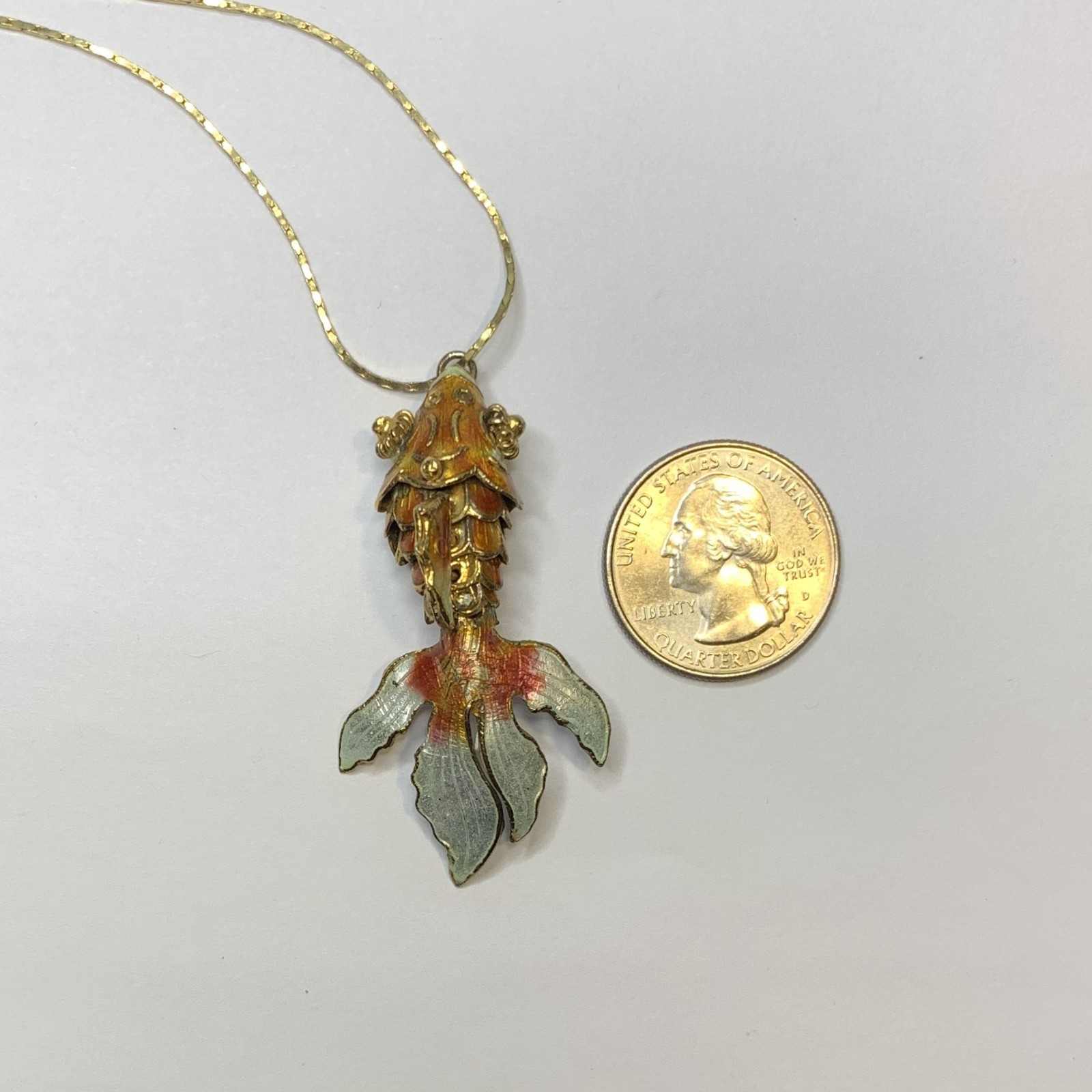 Vintage Articulated Koi Fish Pendant Necklace Cloisonne Enamel Gold Tone 23.5”
