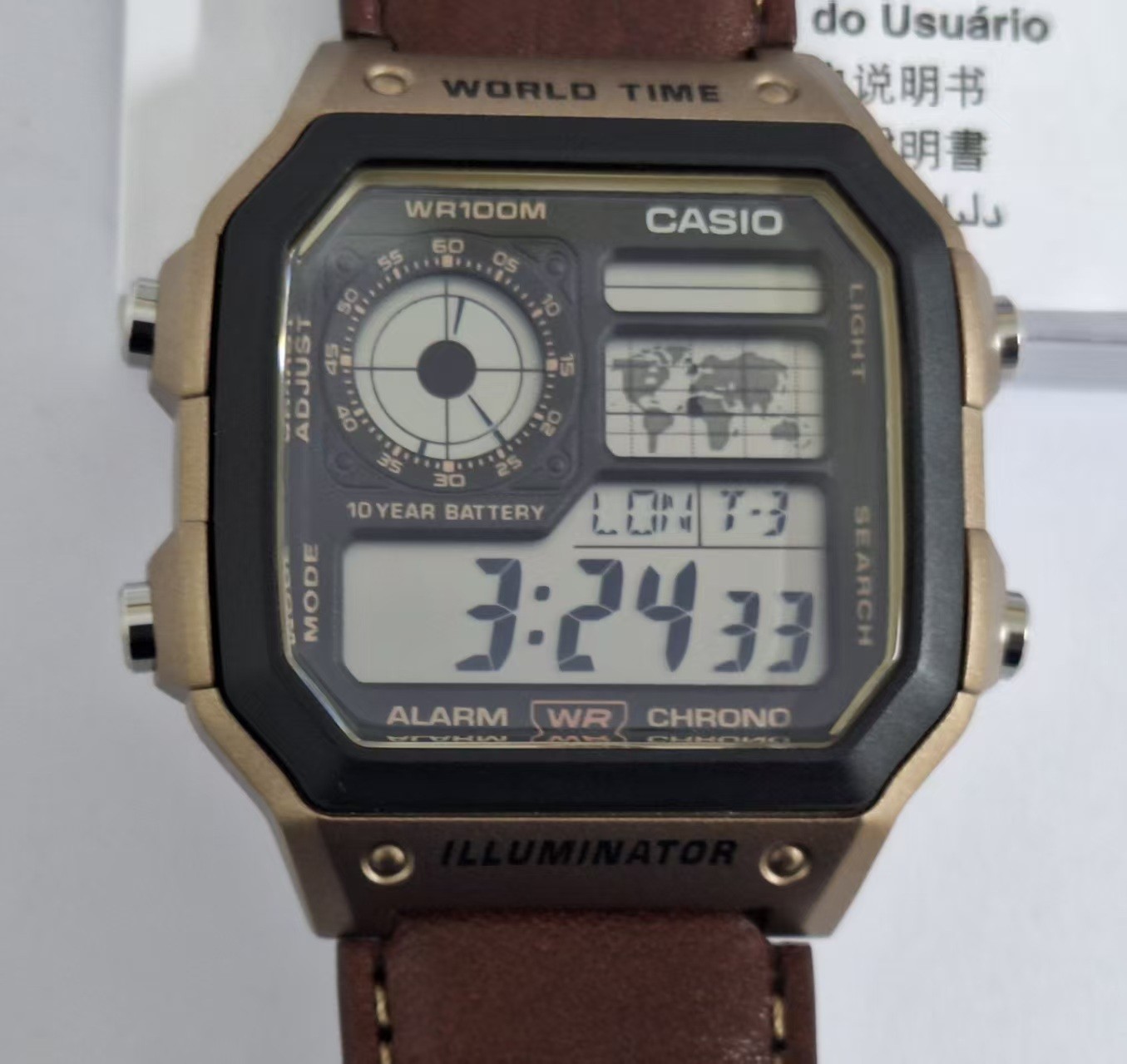 Casio AE-1200WHL-5A Mens Watch Digital Sports World Leather Band AE1200WHL5A