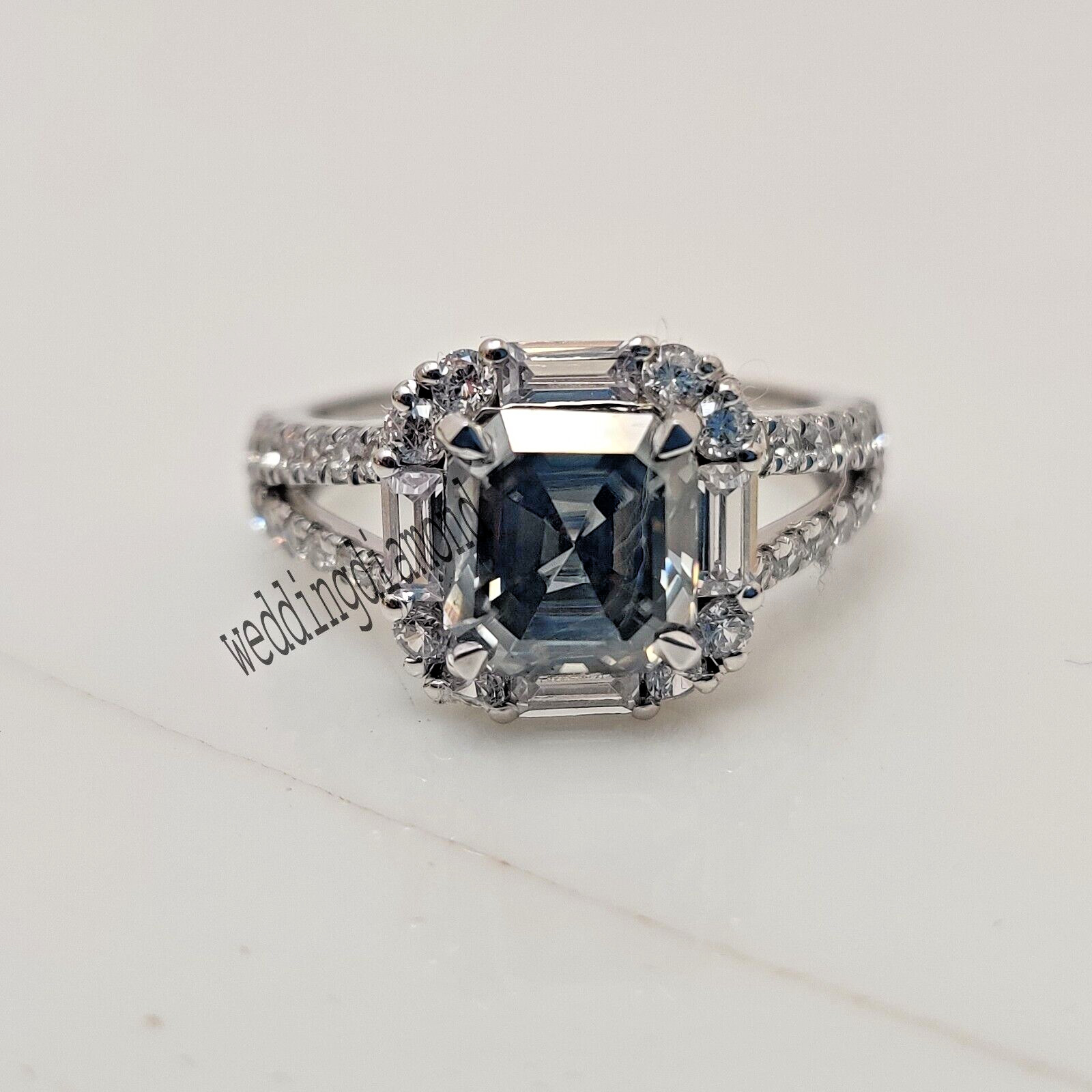 2.50 Ct 7.5 mm Gray Asscher Moissanite Proposal Wedding Ring 925 Sterling Silver