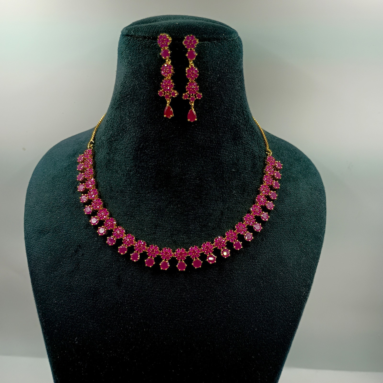 Indian 22k Gold Plated Ruby Floral Statement Necklace Set Wedding Jewelry