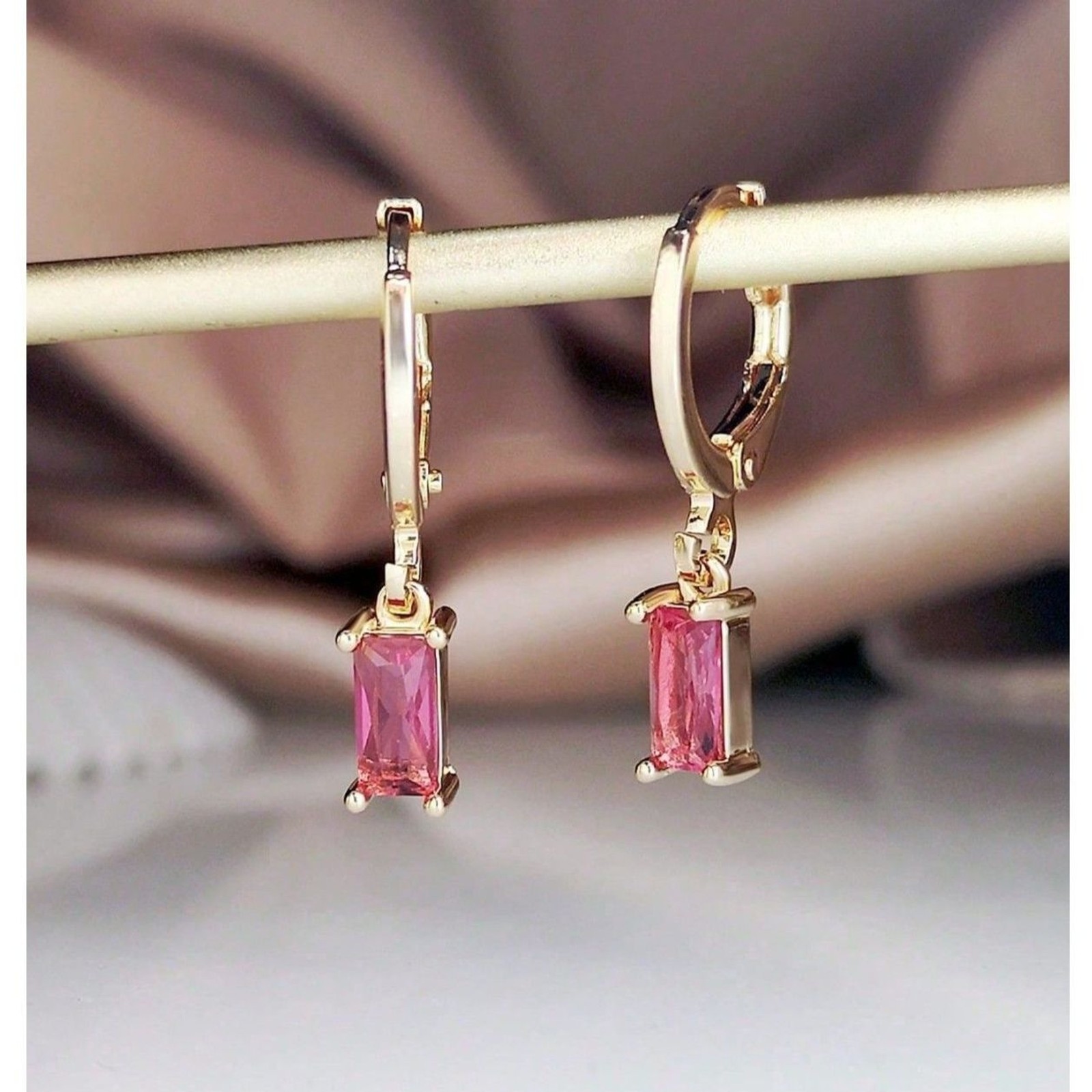 Emerald Cut Pink Zirconia Gold Hoop Earrings Dangle Pendant Drop Crystal Charm