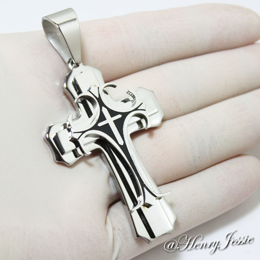 18-40″Stainless Steel 8mm Silver Interlock Chain Black Plated Cross Pendant*H2