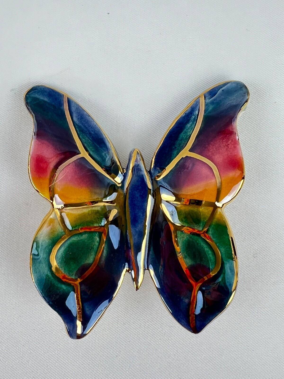 Handmade Large Ceramic Glossy Enamel Butterfly Brooch Multi Color Gold Detailing
