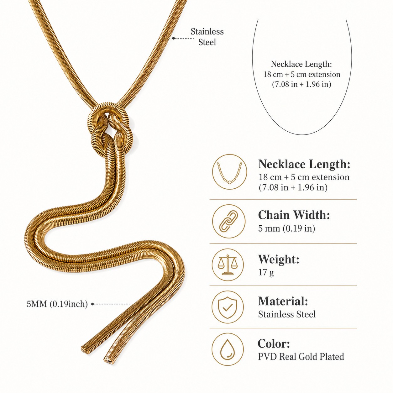 Gold Knot Snake Chain Necklace Stainless Steel Waterproof Statement Jewelry