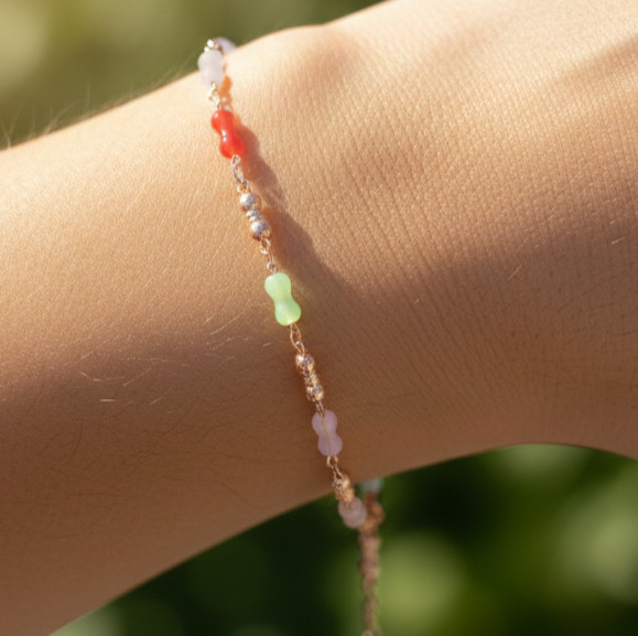 Multicolor Beaded Bracelet Dainty Rose Gold Plated Chain Bracelet For Valentine