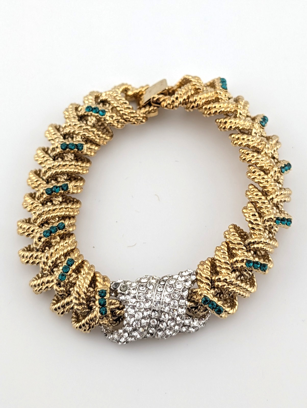 Vintage Camrose & Kross JBK Rhinestone Interlocking Link Bracelet Green & Clear