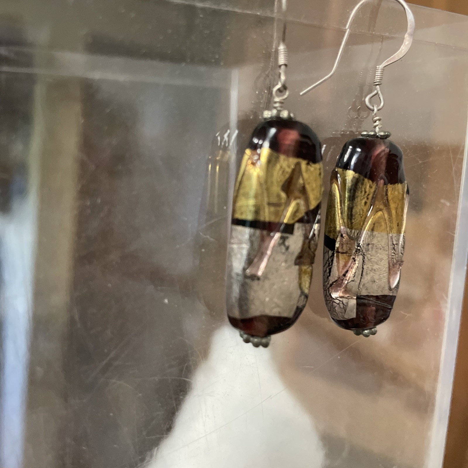 Purple Silver Gold Glass Sterling 925 Bead Artsy Drop Earrings