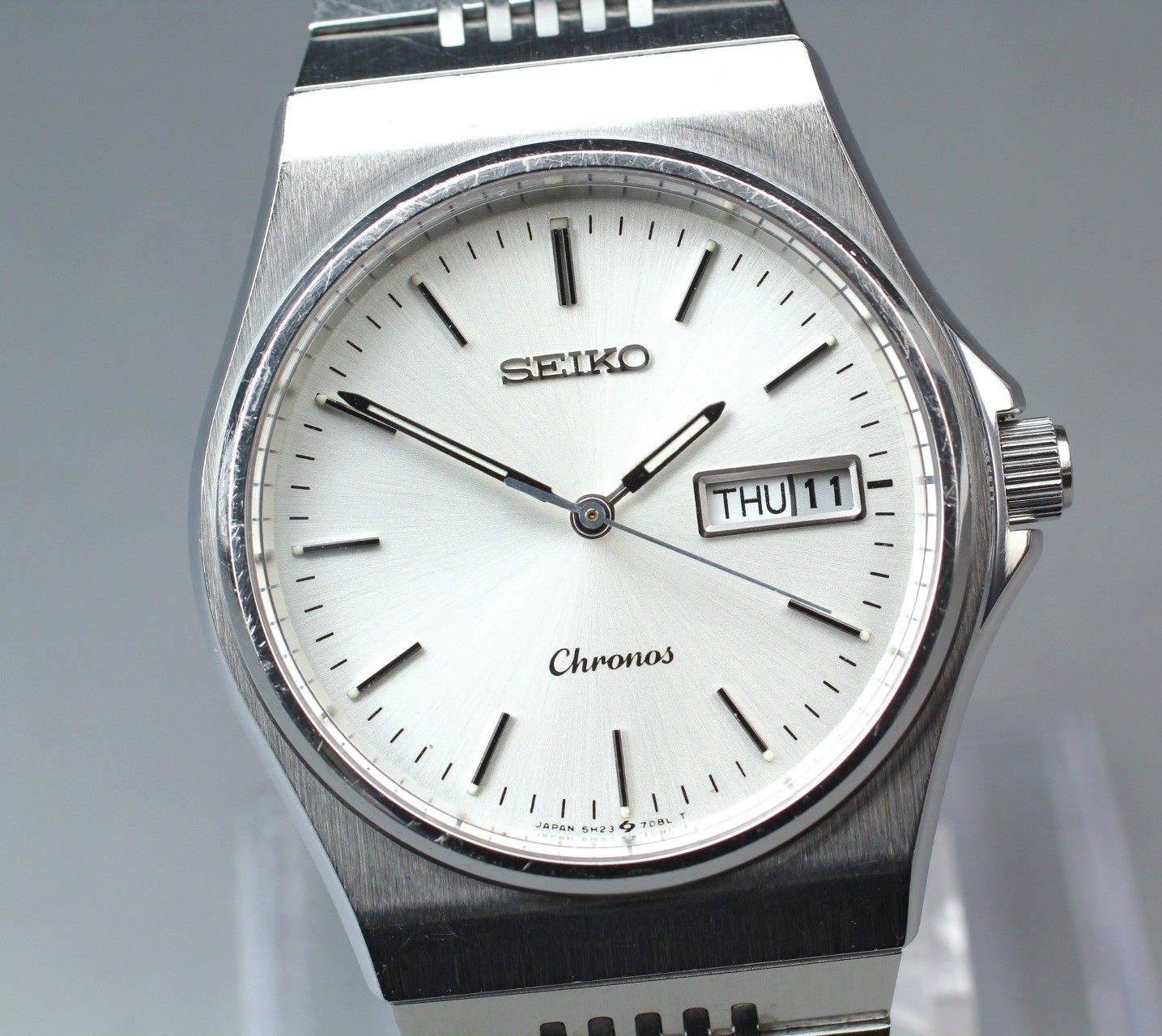 [Near MINT] Seiko Chronos 5H23-7D20 34mm Silver Kanji/ENG Day Date Mens Qz Watch