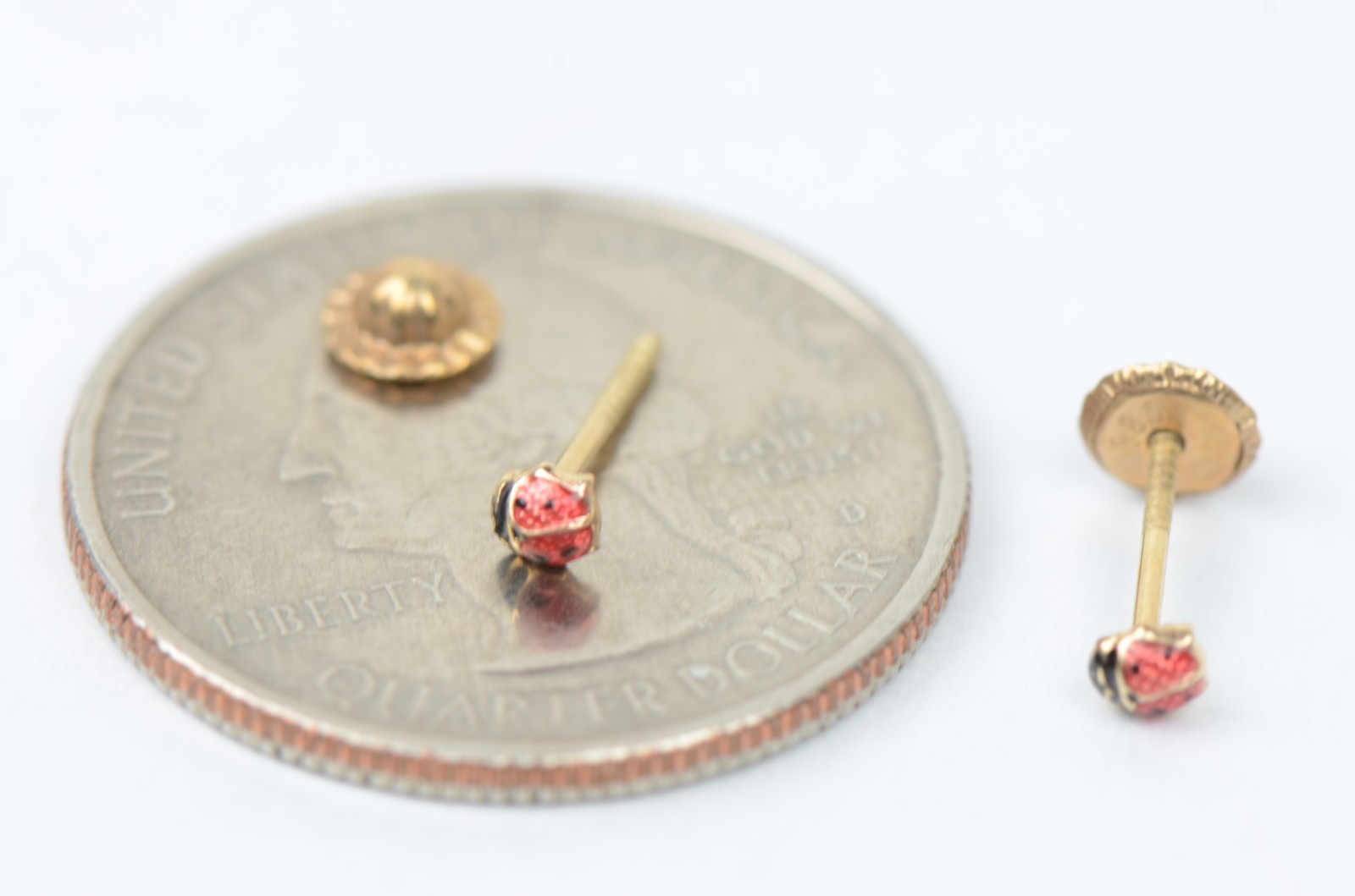 14k Yellow Gold Red and Black Enamel Lady Bug Baby earrings with Screw Back